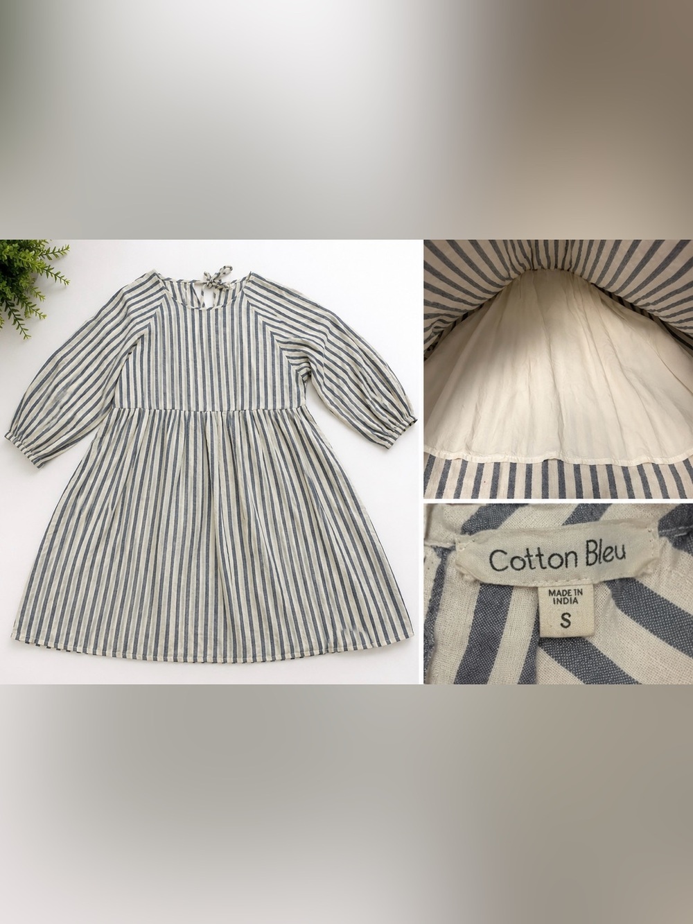 Cotton Bleu Blue & White Striped Babydoll Dress | Size Small